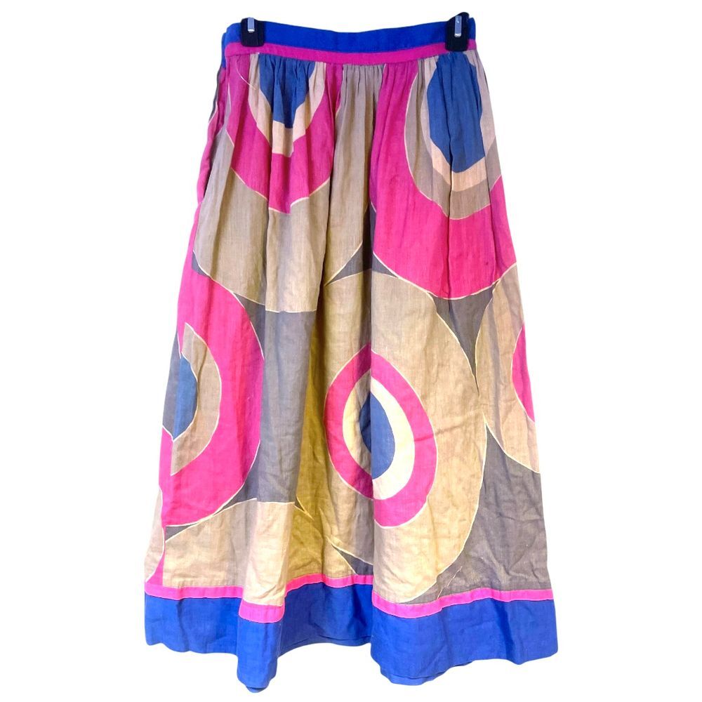 Vintage Tica Cotton Linen Pleated‎ Full Modi Skirt With Mod Print Pink Purple 
S